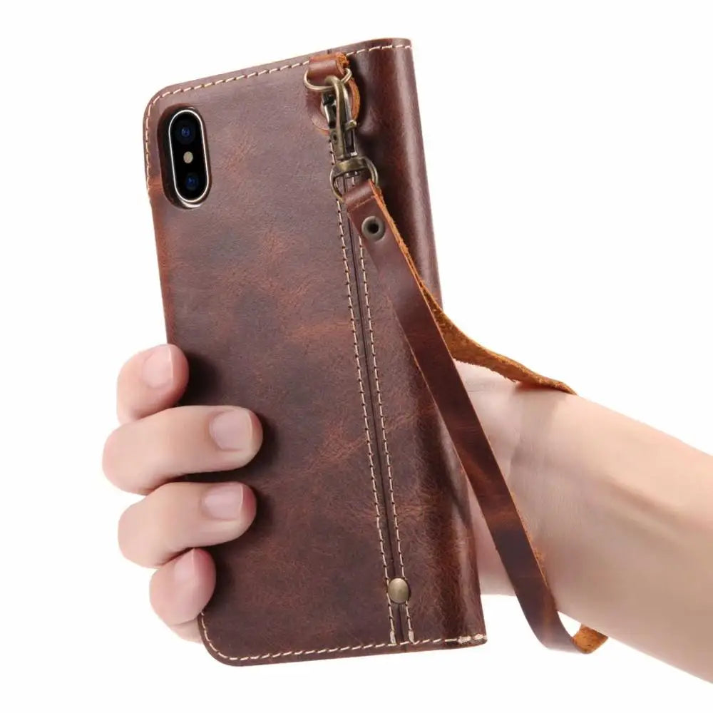Luxury Cow Leather Case, Flip Wallet Card Holder, Vintage Style, Shockproof Resistant iPhone Case