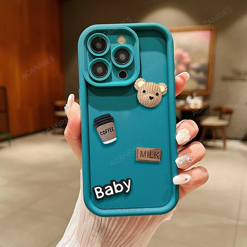 High Quality 3D Bear And Coffee Silicone Case For Iphone, Gradient Design, Magsafe Case With Camera Lens Protection