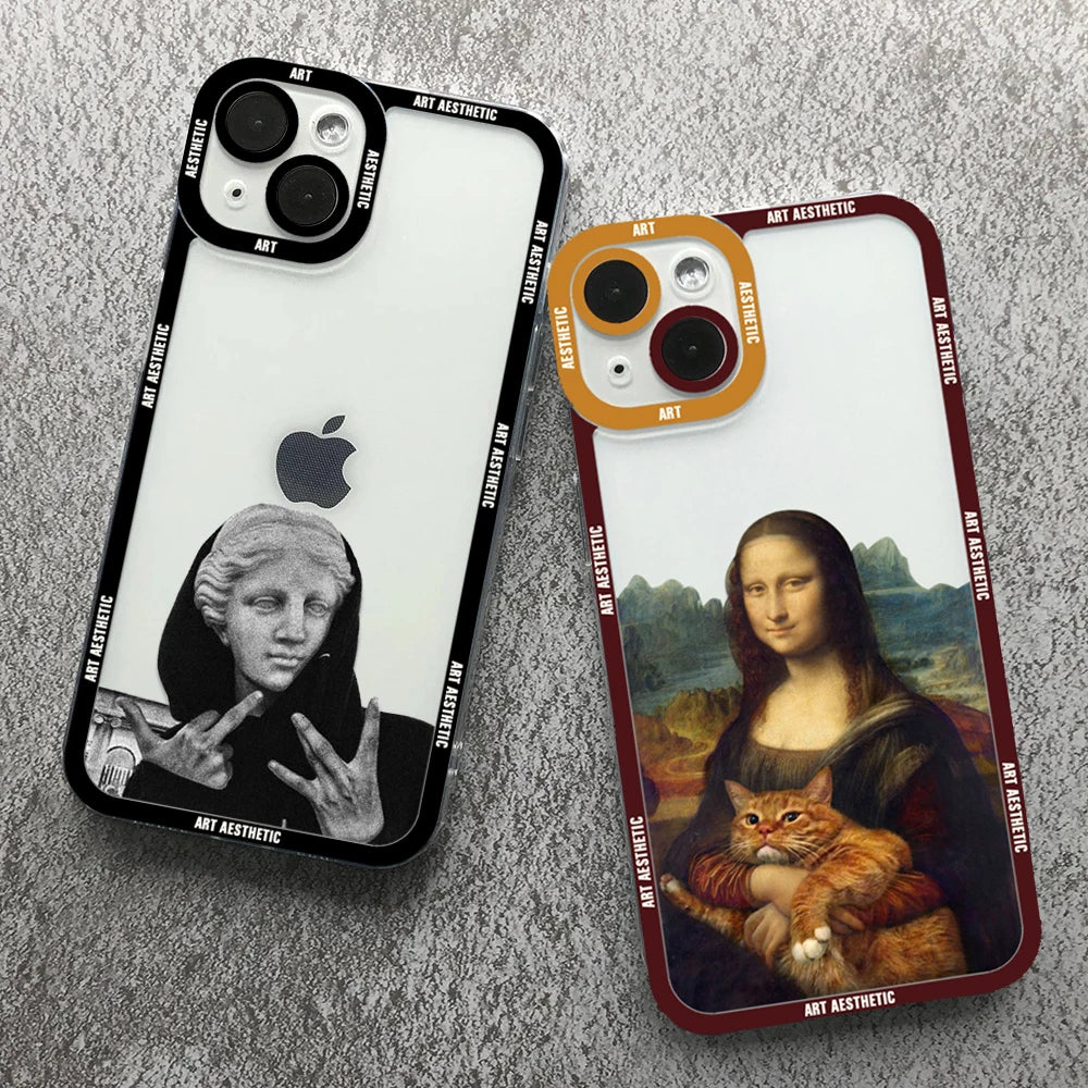 Luxury Artistic Aesthetic History Design, David and Mona Lisa Clear Case For iPhone, Shockproof Case, Magsafe With Camera Protection, Dustproof Resistant, Bumper Cover