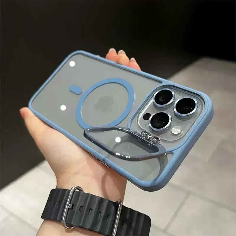 Premium Magnetic Phone Case with Metal Ring Stand For iPhone, Camera Lens Glass Protection, Transparent Back Cover, Magsafe Case