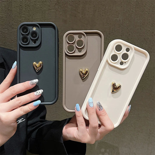 Premium 3D Gold Heart Silicone Phone Case For iPhone, Shockproof Resistant, Matte Cover, Camera Lens Protection