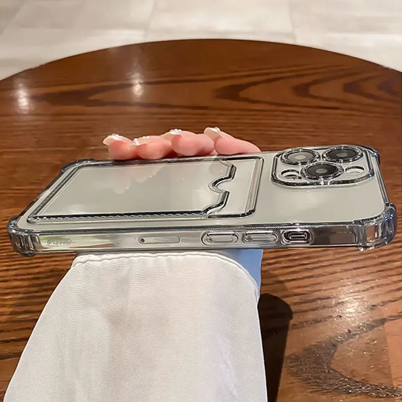 High Quality Transparent Case with Card Holder For iPhone, Shockproof Soft Cover, Anti-Scratch iPhone Case.