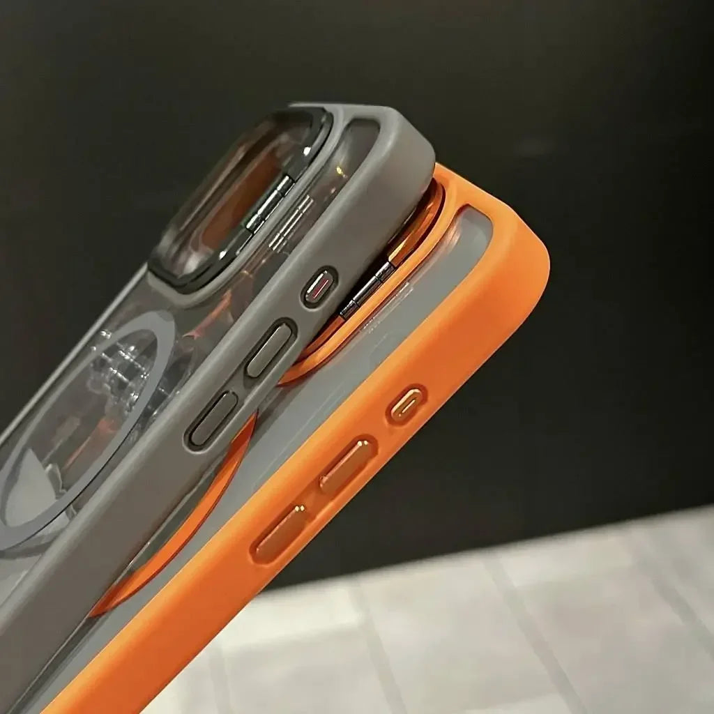 Premium Magnetic Phone Case with Metal Ring Stand For iPhone, Camera Lens Glass Protection, Transparent Back Cover, Magsafe Case