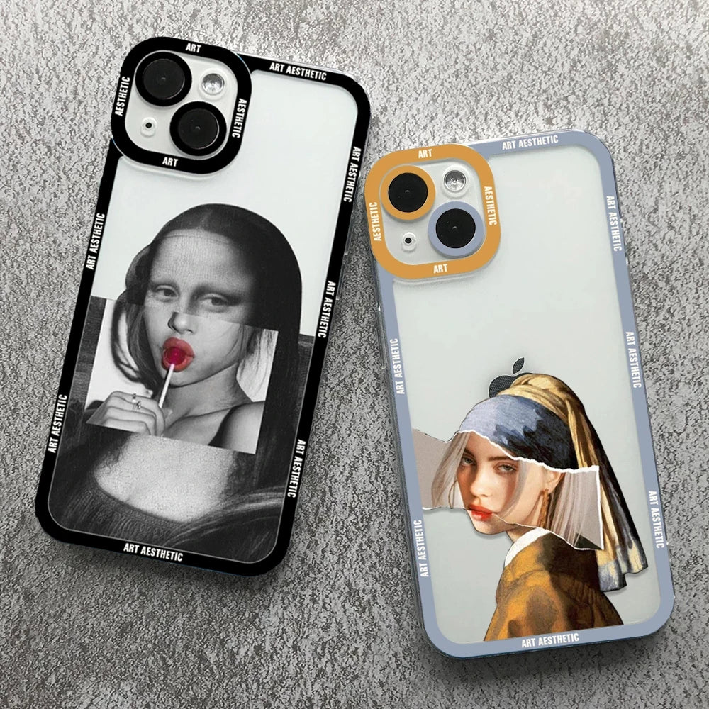 Luxury Artistic Aesthetic History Design, David and Mona Lisa Clear Case For iPhone, Shockproof Case, Magsafe With Camera Protection, Dustproof Resistant, Bumper Cover