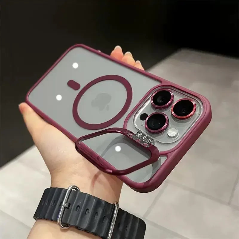 Premium Magnetic Phone Case with Metal Ring Stand For iPhone, Camera Lens Glass Protection, Transparent Back Cover, Magsafe Case