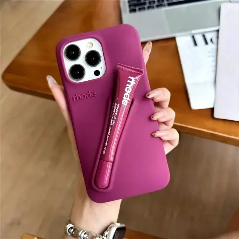 Luxury Silicone Case For iPhone with Lipstick Portable Holder, Unique Design and Shock-proof Resistant Material