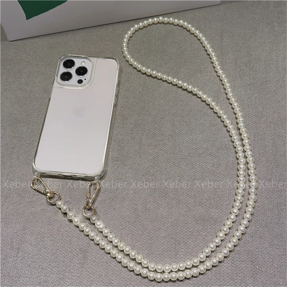 High Quality Crossbody Necklace Pearl Phone Case For iPhone, Clear Phone Case with Crossbody Unique Design