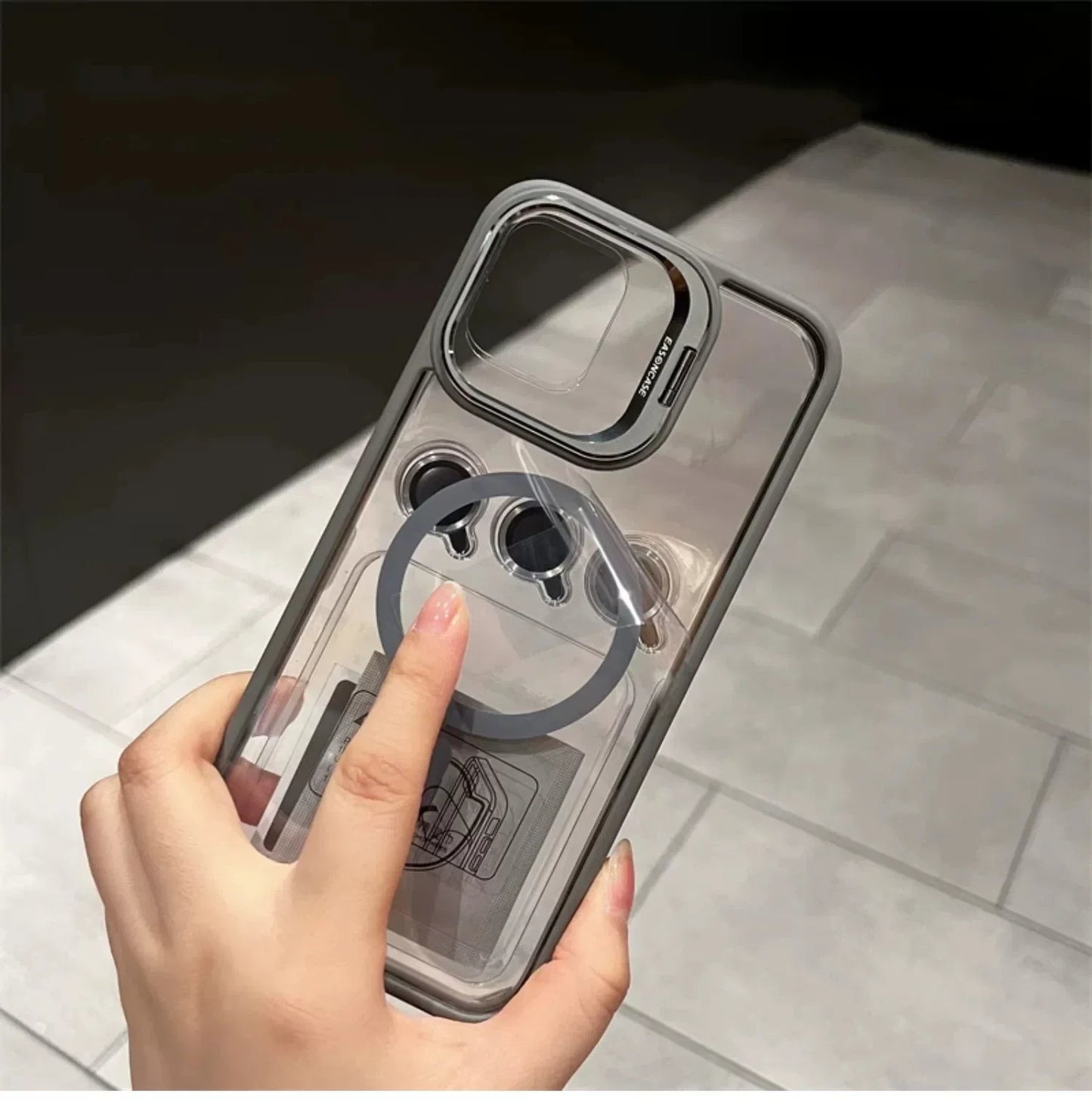 Premium Magnetic Phone Case with Metal Ring Stand For iPhone, Camera Lens Glass Protection, Transparent Back Cover, Magsafe Case