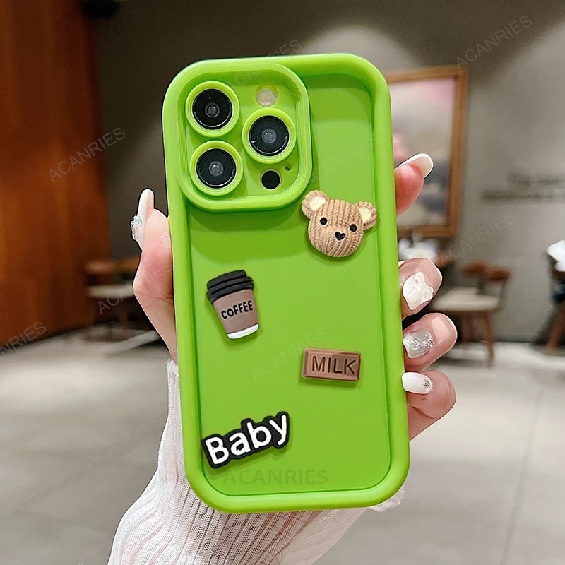 High Quality 3D Bear And Coffee Silicone Case For Iphone, Gradient Design, Magsafe Case With Camera Lens Protection