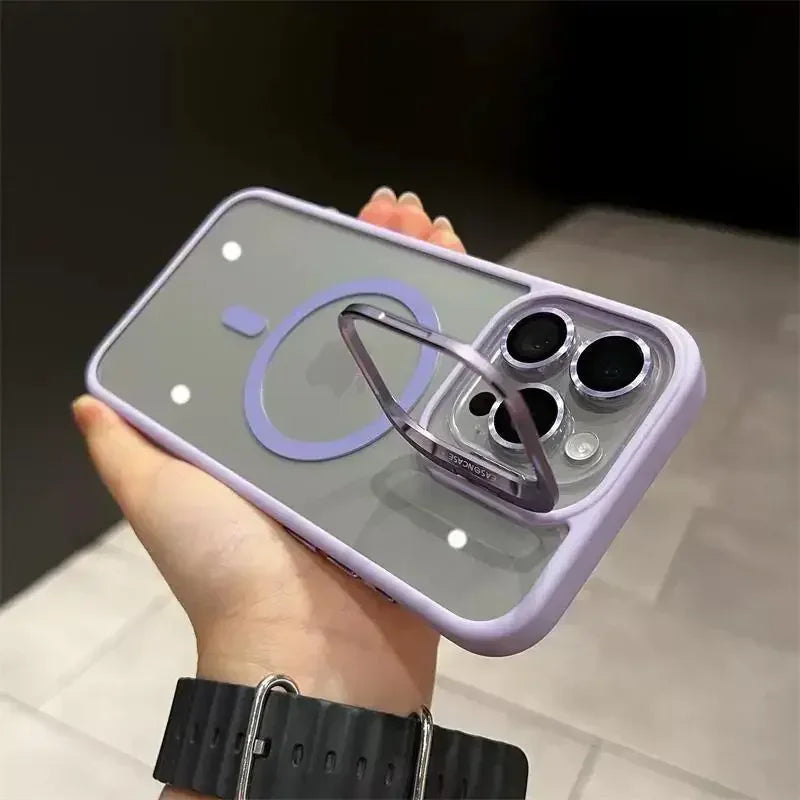 Premium Magnetic Phone Case with Metal Ring Stand For iPhone, Camera Lens Glass Protection, Transparent Back Cover, Magsafe Case