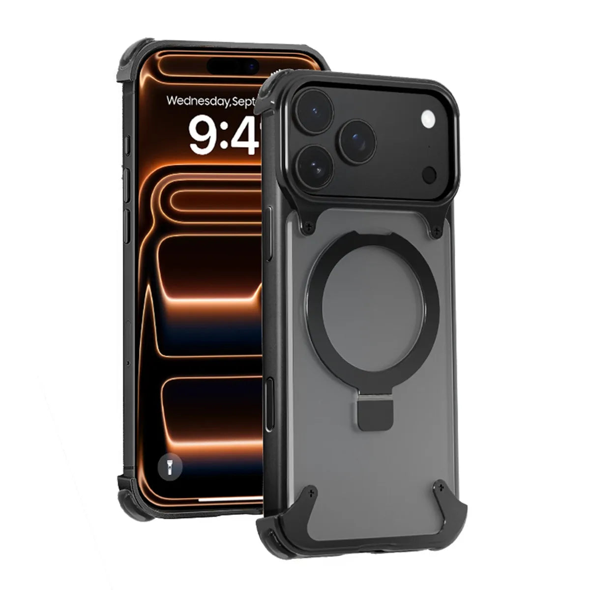 Premium Aluminum Magnetic Ring Stand Shockproof Case for iPhone 17 Pro, 16 Pro Max & 15 Pro Air