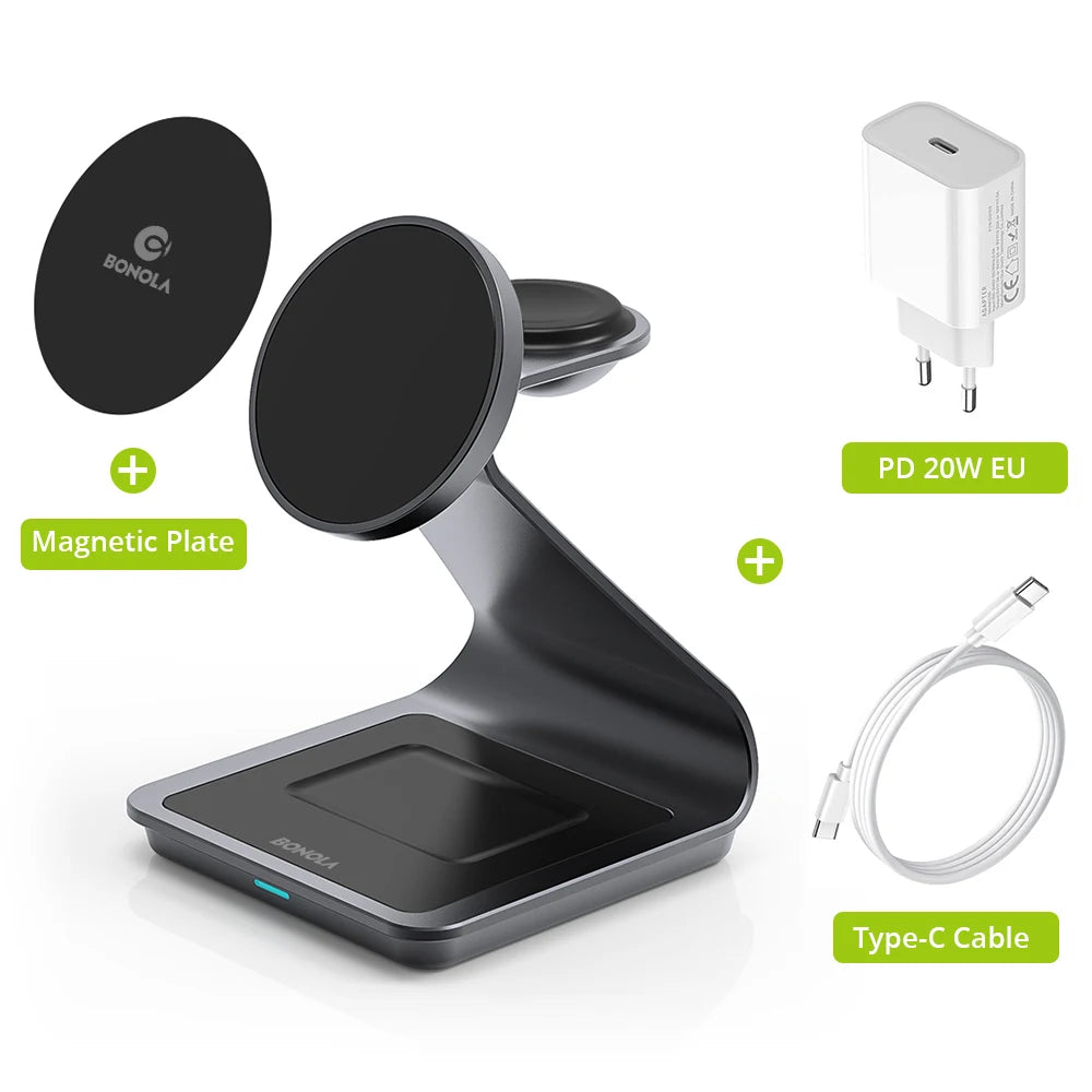 High Quality Charging Station, Magnetic 3 in 1 Wireless Charger for iPhone 15 Pro Max/14/13, Apple Watch and Air Pods, 30W.