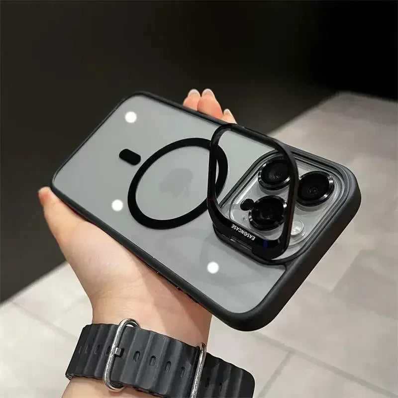 Premium Magnetic Phone Case with Metal Ring Stand For iPhone, Camera Lens Glass Protection, Transparent Back Cover, Magsafe Case