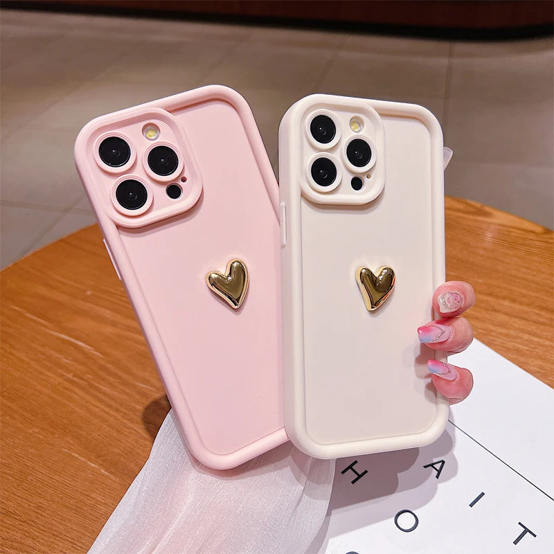 Premium 3D Gold Heart Silicone Phone Case For iPhone, Shockproof Resistant, Matte Cover, Camera Lens Protection