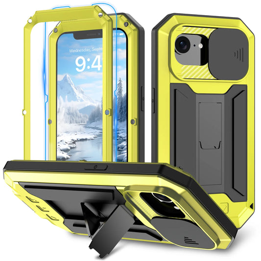 Premium Heavy Duty Shockproof Case for iPhone with Kickstand Screen Tempered Glass Metal Protection Case