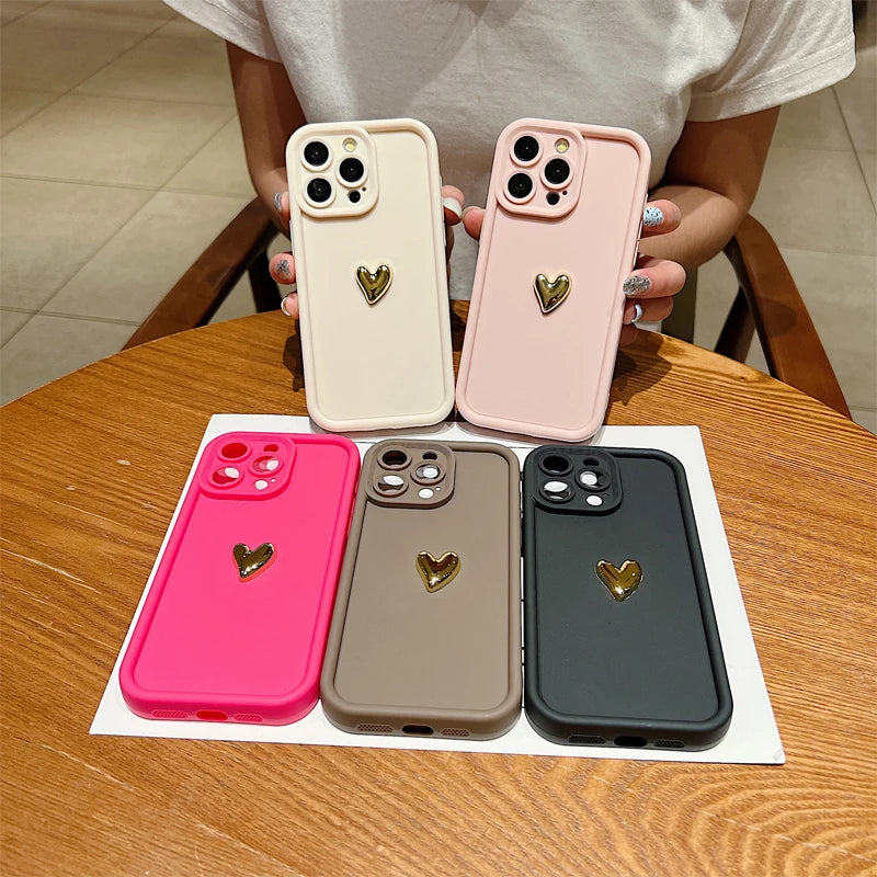 Premium 3D Gold Heart Silicone Phone Case For iPhone, Shockproof Resistant, Matte Cover, Camera Lens Protection