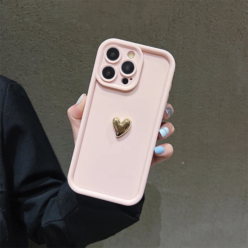 Premium 3D Gold Heart Silicone Phone Case For iPhone, Shockproof Resistant, Matte Cover, Camera Lens Protection