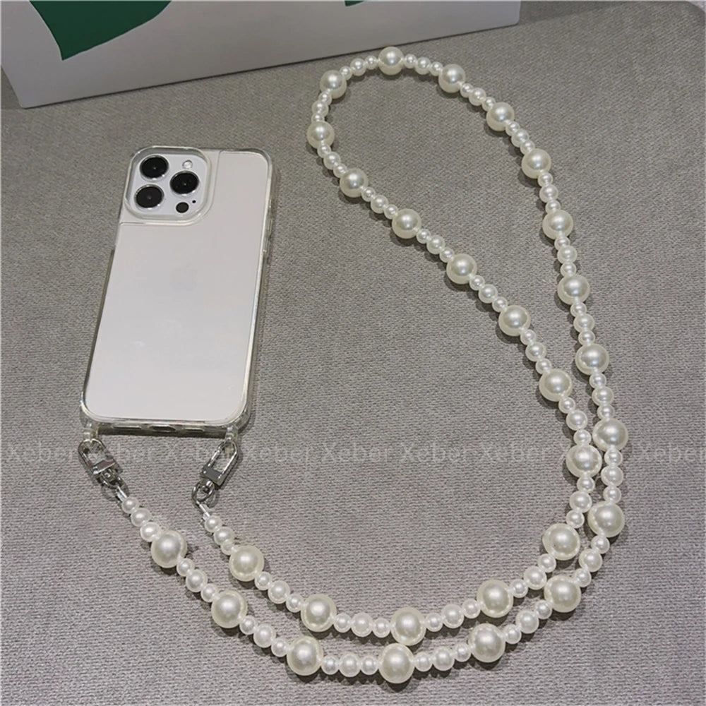 High Quality Crossbody Necklace Pearl Phone Case For iPhone, Clear Phone Case with Crossbody Unique Design