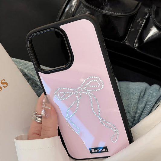 High Quality Glossy Pink Phone Case for iPhone, Shockproof Resistant, Bow Design, Hard Cover Phone Case