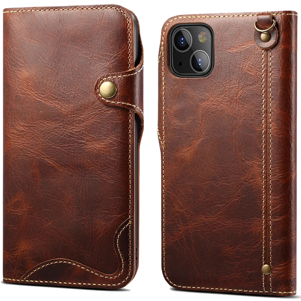 Luxury Cow Leather Case, Flip Wallet Card Holder, Vintage Style, Shockproof Resistant iPhone Case