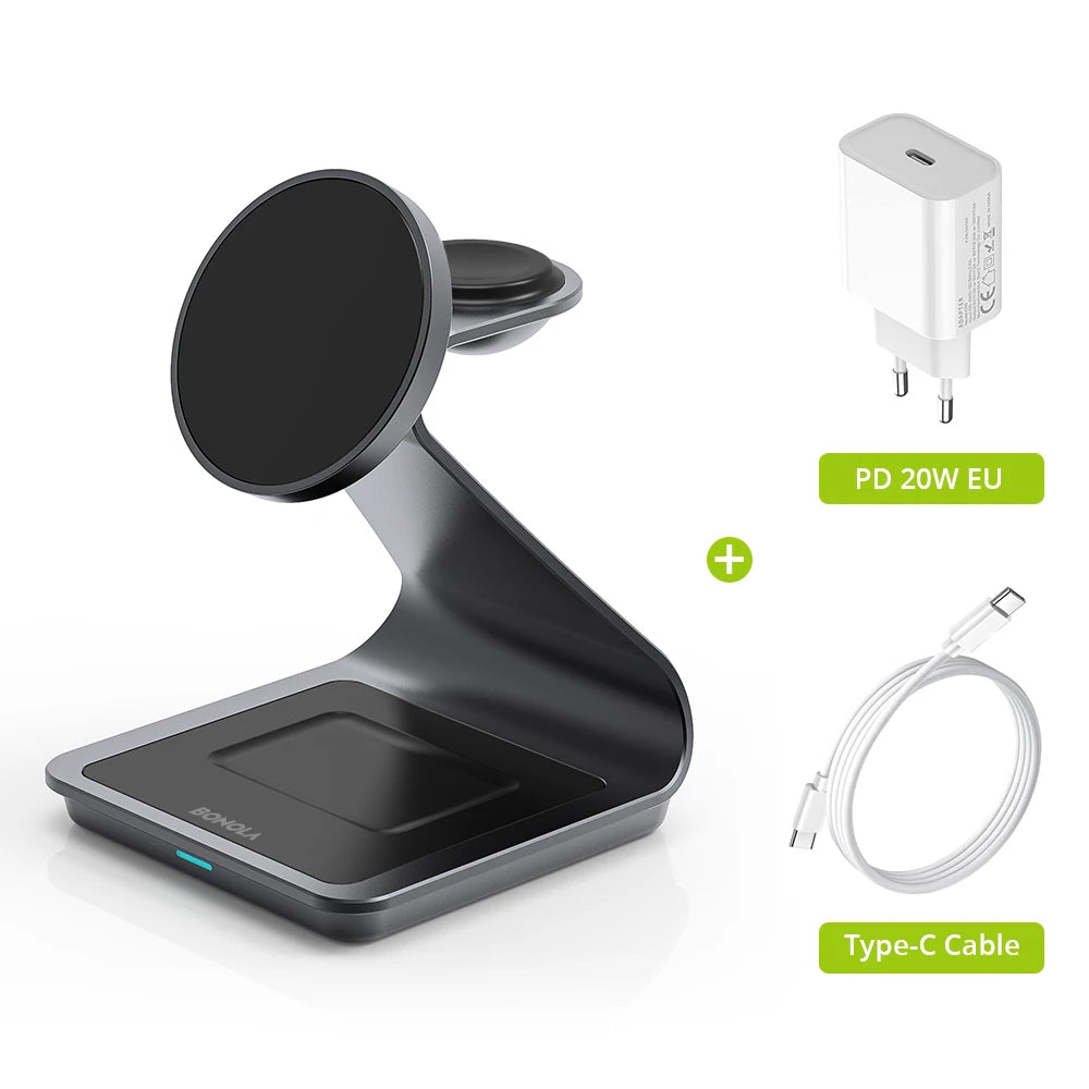 High Quality Charging Station, Magnetic 3 in 1 Wireless Charger for iPhone 15 Pro Max/14/13, Apple Watch and Air Pods, 30W.