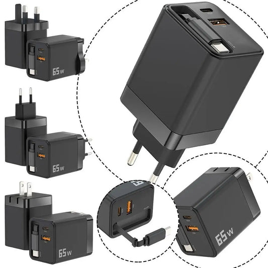 Premium Phone Charger Adapter, Retractable Cable, Fast Charging for iPhone, 65W Power