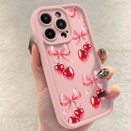 High Quality Silicone Phone Case, Pink Bow and Cherry Blossom, All Around Protection Phone Case, Camera Lens Protection Phone Case