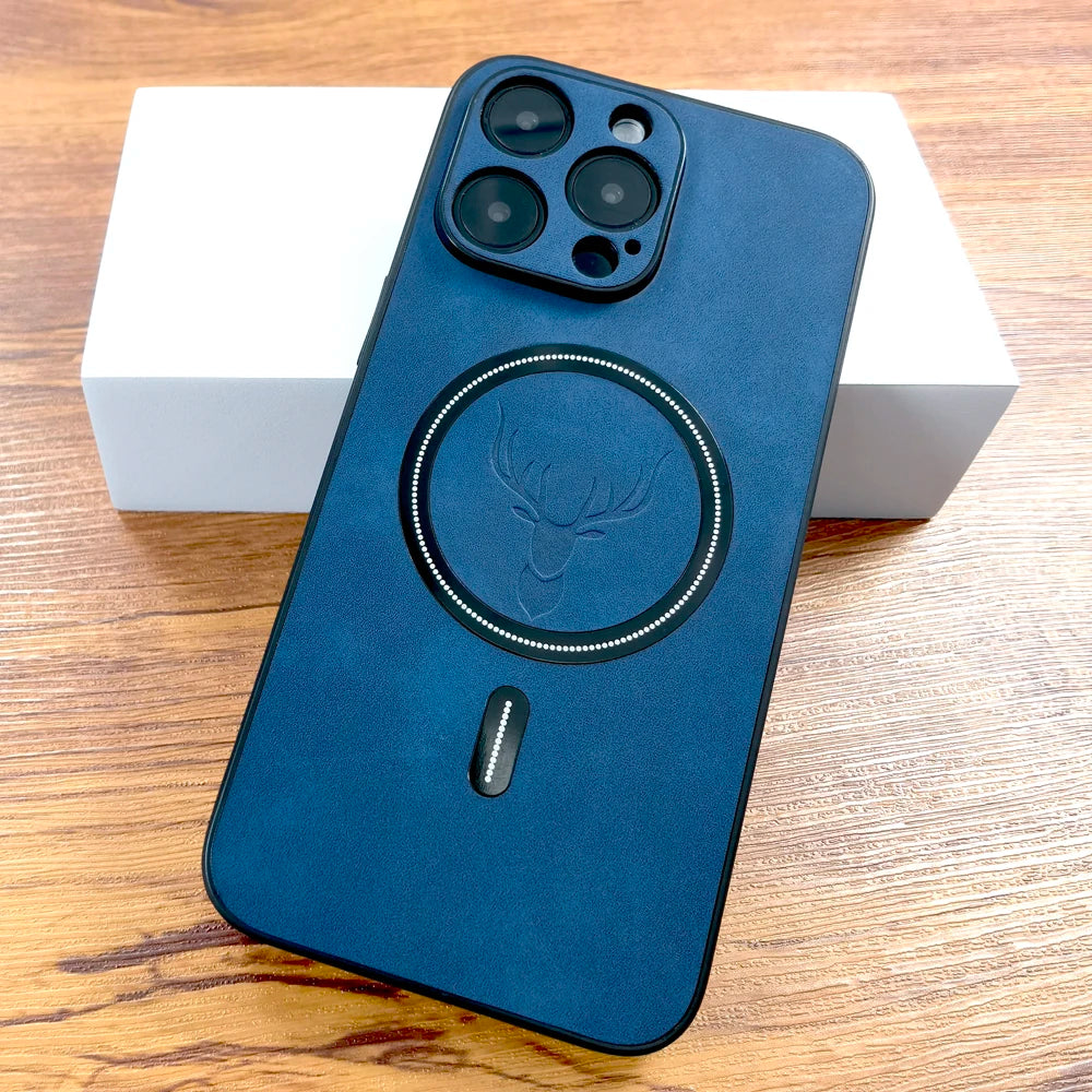 Luxury Deer Leather Case For iPhone, MagSafe Wireless Charging, Full Cover, Camera Lens Protection.