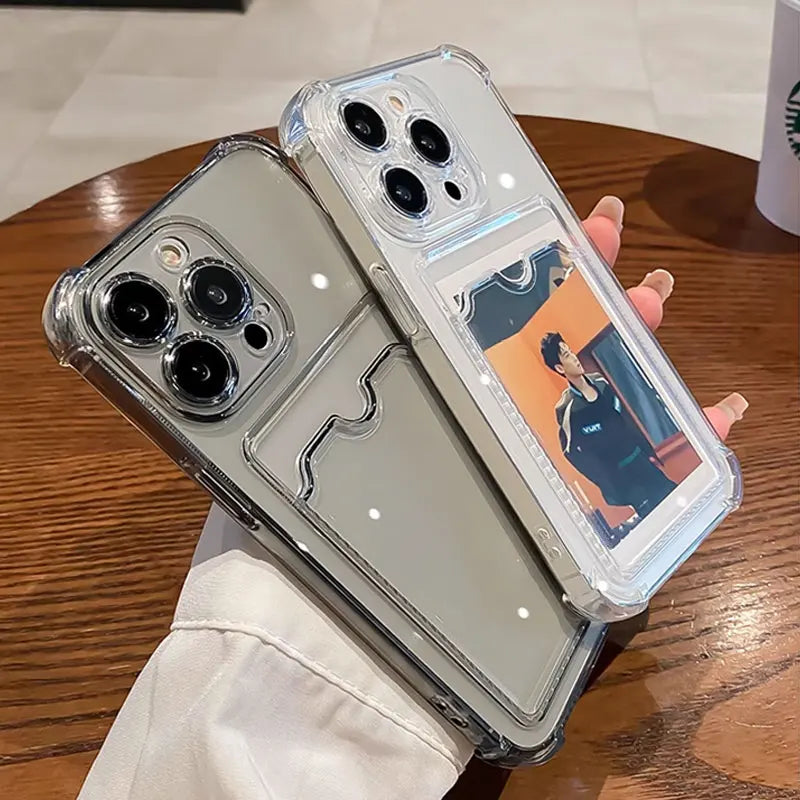 High Quality Transparent Case with Card Holder For iPhone, Shockproof Soft Cover, Anti-Scratch iPhone Case.