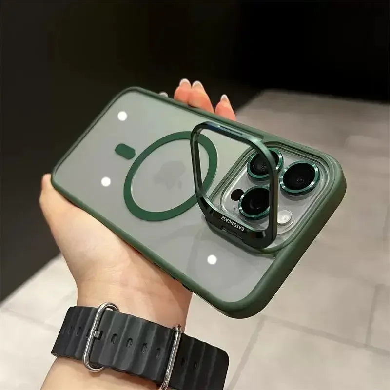 Premium Magnetic Phone Case with Metal Ring Stand For iPhone, Camera Lens Glass Protection, Transparent Back Cover, Magsafe Case
