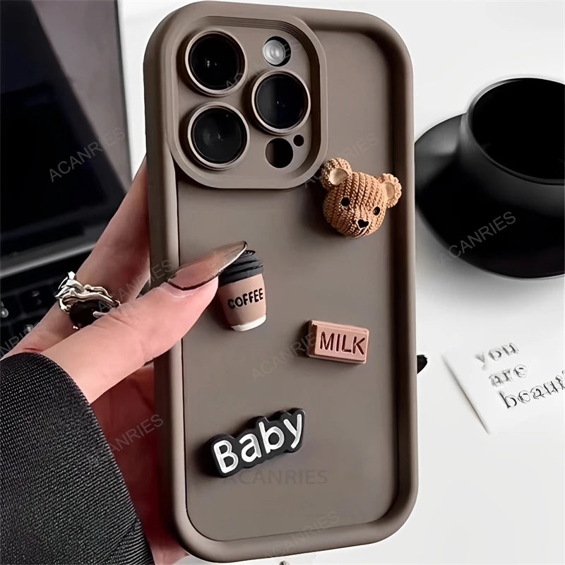 High Quality 3D Bear And Coffee Silicone Case For Iphone, Gradient Design, Magsafe Case With Camera Lens Protection