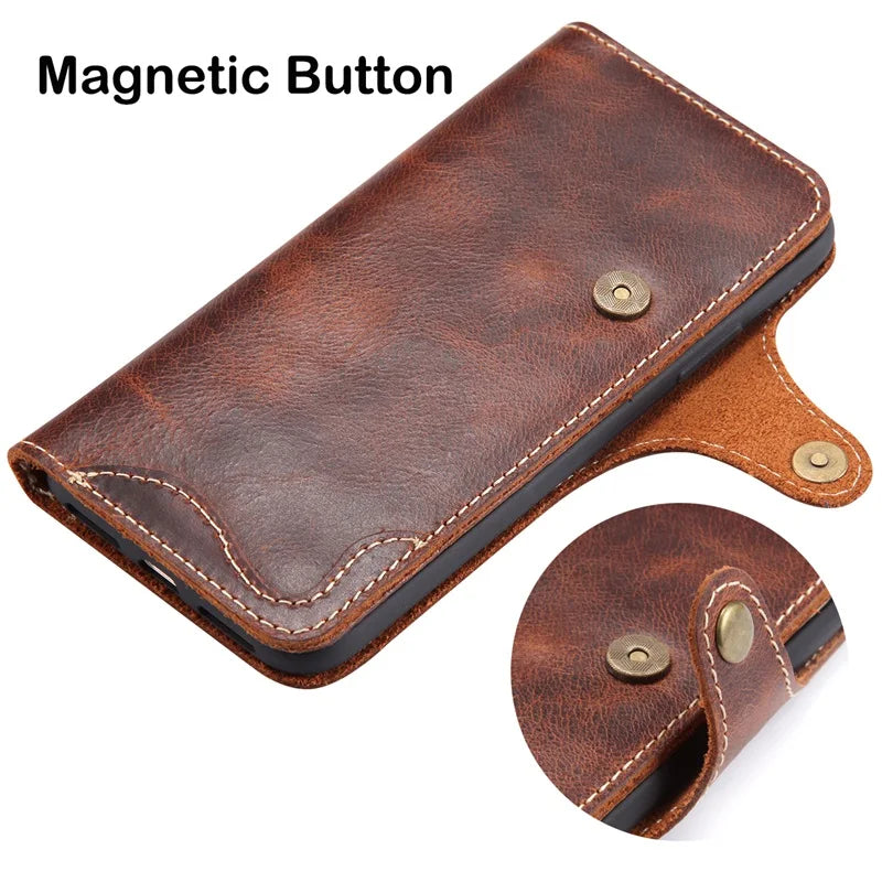 Luxury Cow Leather Case, Flip Wallet Card Holder, Vintage Style, Shockproof Resistant iPhone Case
