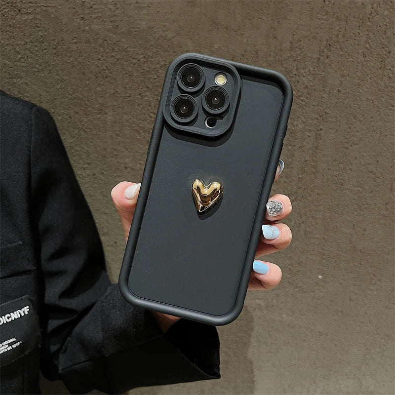 Premium 3D Gold Heart Silicone Phone Case For iPhone, Shockproof Resistant, Matte Cover, Camera Lens Protection