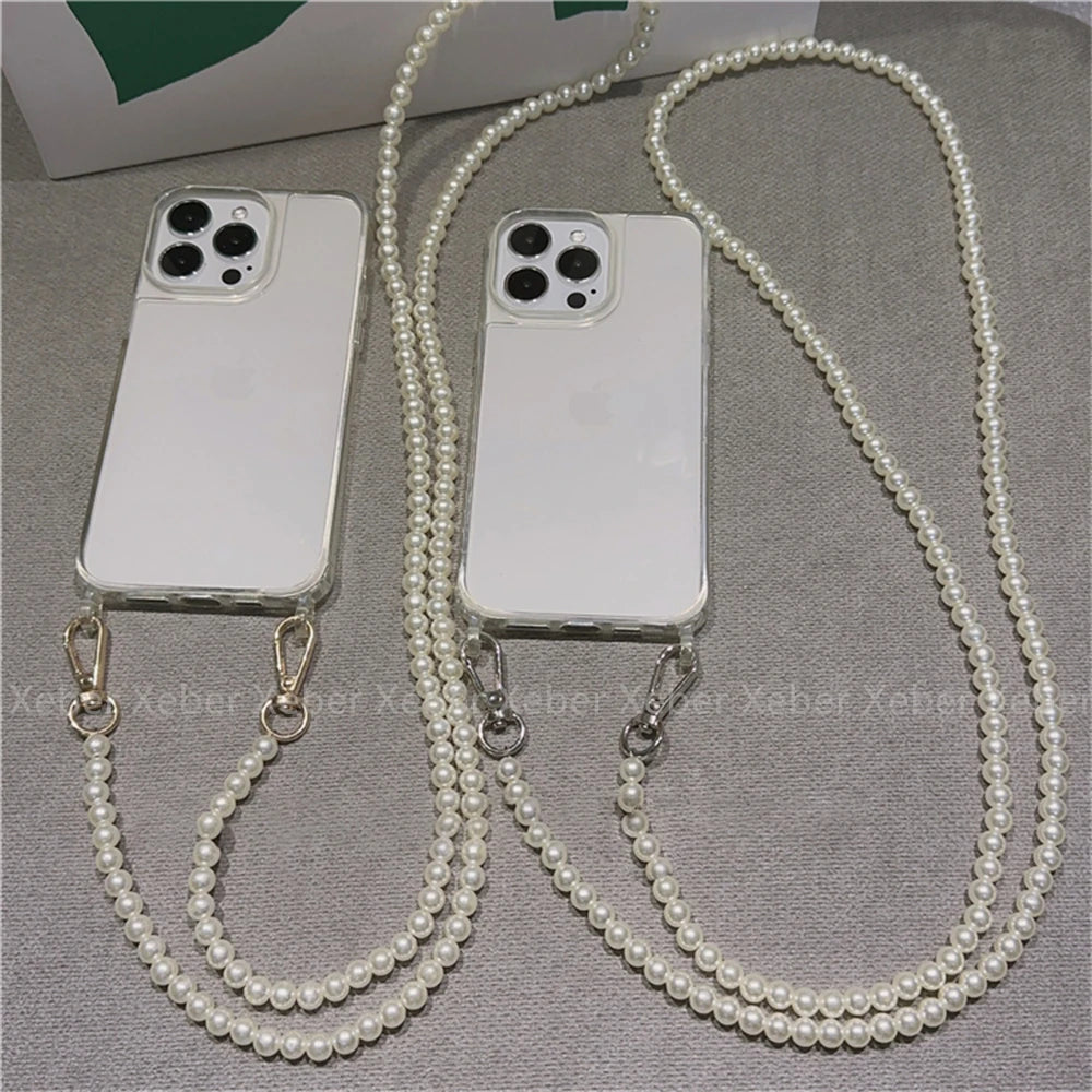 High Quality Crossbody Necklace Pearl Phone Case For iPhone, Clear Phone Case with Crossbody Unique Design