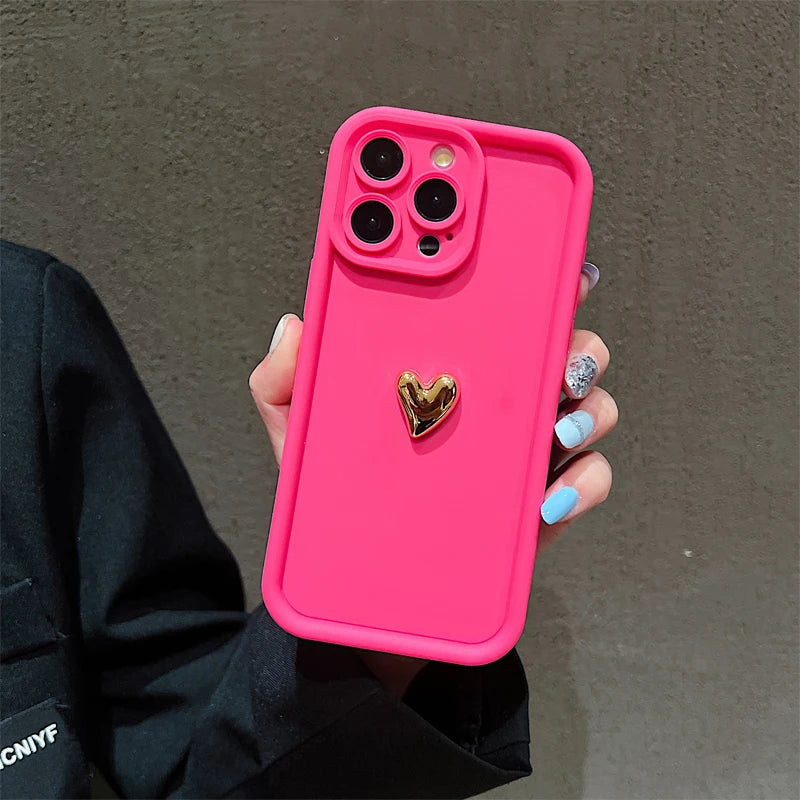 Premium 3D Gold Heart Silicone Phone Case For iPhone, Shockproof Resistant, Matte Cover, Camera Lens Protection