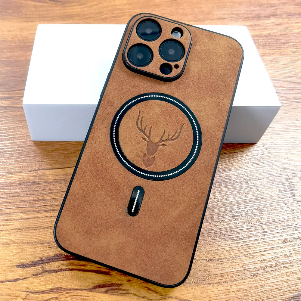 Luxury Deer Leather Case For iPhone, MagSafe Wireless Charging, Full Cover, Camera Lens Protection.