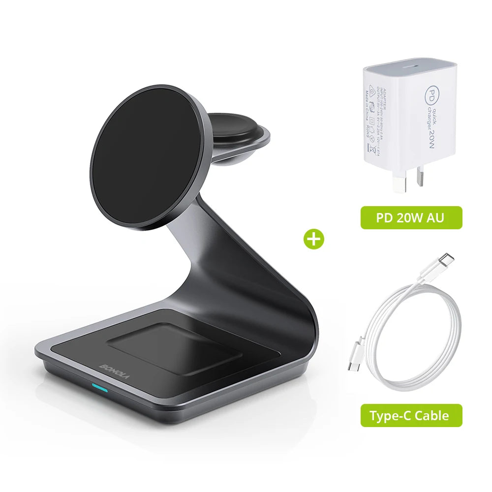 High Quality Charging Station, Magnetic 3 in 1 Wireless Charger for iPhone 15 Pro Max/14/13, Apple Watch and Air Pods, 30W.