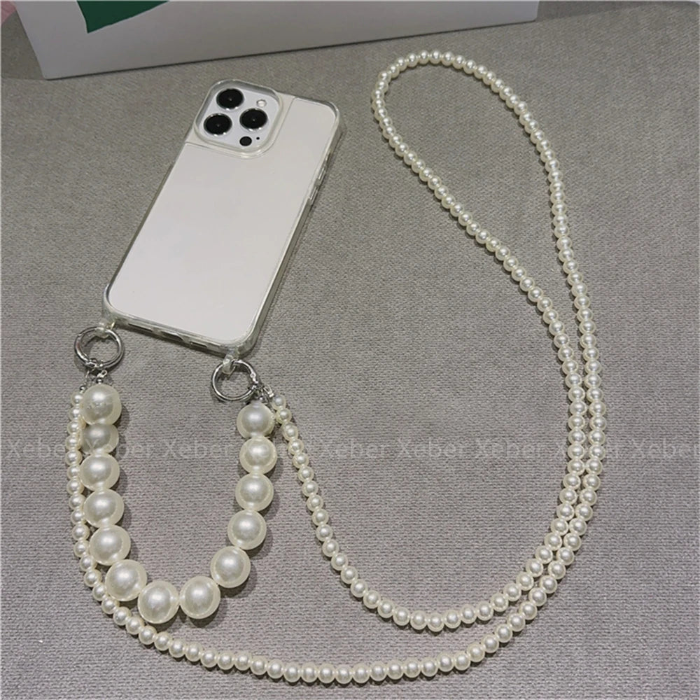 High Quality Crossbody Necklace Pearl Phone Case For iPhone, Clear Phone Case with Crossbody Unique Design