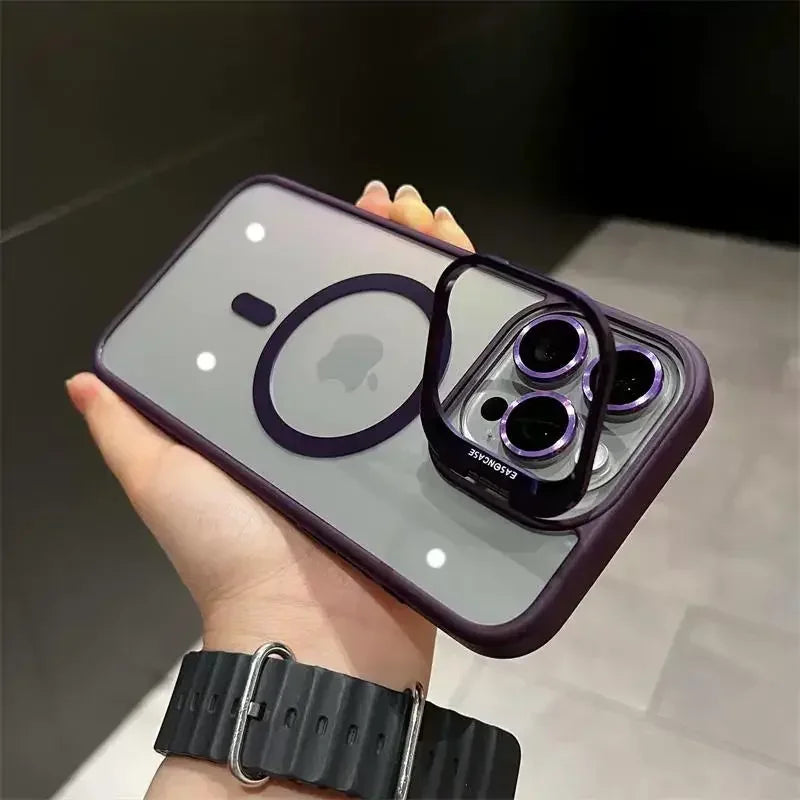 Premium Magnetic Phone Case with Metal Ring Stand For iPhone, Camera Lens Glass Protection, Transparent Back Cover, Magsafe Case