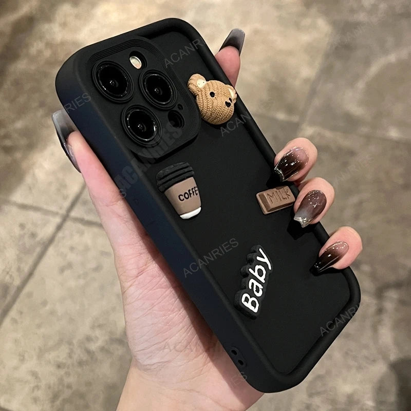 High Quality 3D Bear And Coffee Silicone Case For Iphone, Gradient Design, Magsafe Case With Camera Lens Protection