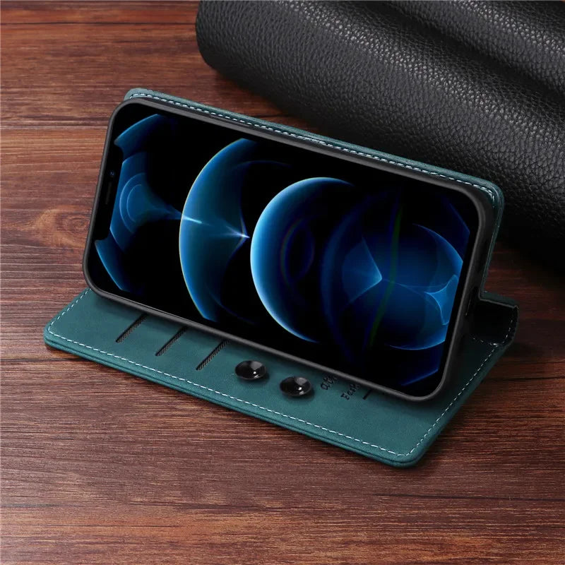 Premium Leather iPhone Case, Magnetic Leather, All Around Protection Phone Case with Card Stand, Shock-proof Resistant
