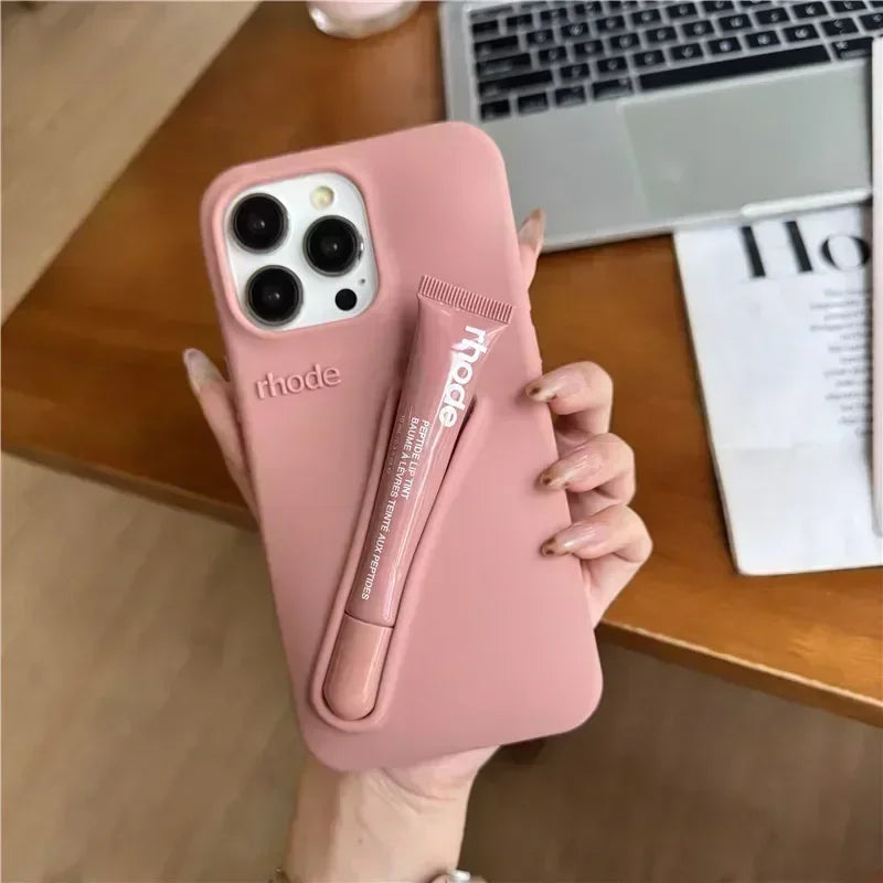 Luxury Silicone Case For iPhone with Lipstick Portable Holder, Unique Design and Shock-proof Resistant Material