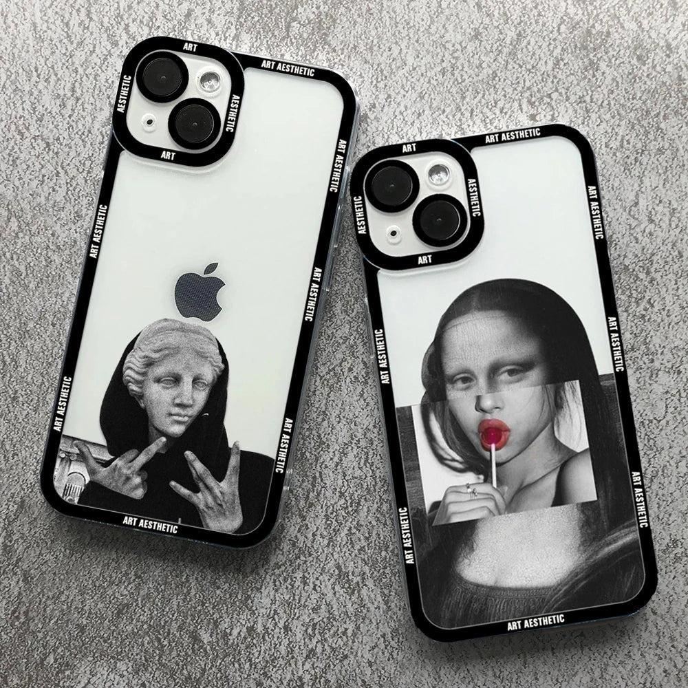 Luxury Artistic Aesthetic History Design, David and Mona Lisa Clear Case For iPhone, Shockproof Case, Magsafe With Camera Protection, Dustproof Resistant, Bumper Cover