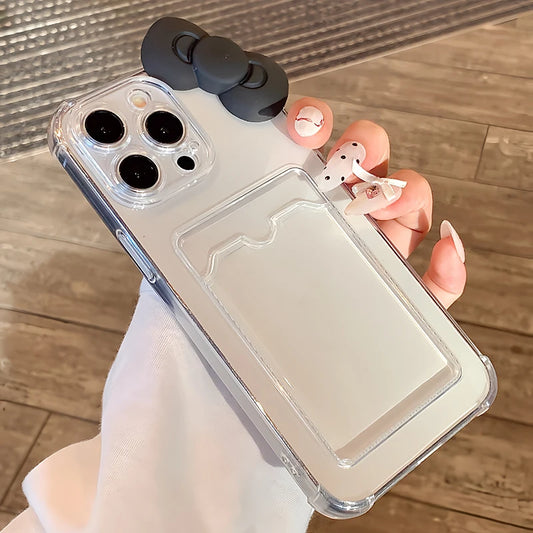 High Quality Silicone Phone Case, 3D Black Bow, Clear Phone Case with Wallet Card Pocket