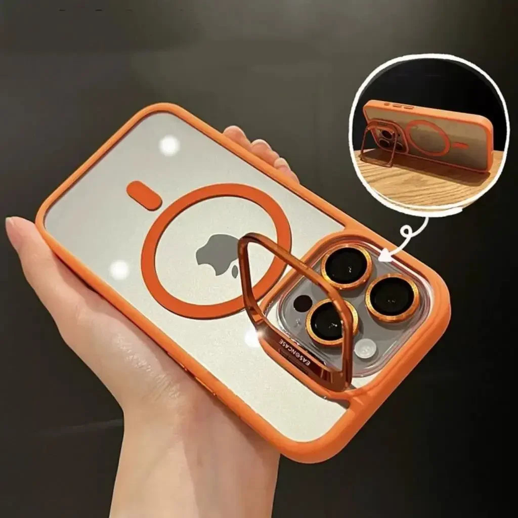 Premium Magnetic Phone Case with Metal Ring Stand For iPhone, Camera Lens Glass Protection, Transparent Back Cover, Magsafe Case