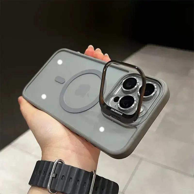 Premium Magnetic Phone Case with Metal Ring Stand For iPhone, Camera Lens Glass Protection, Transparent Back Cover, Magsafe Case